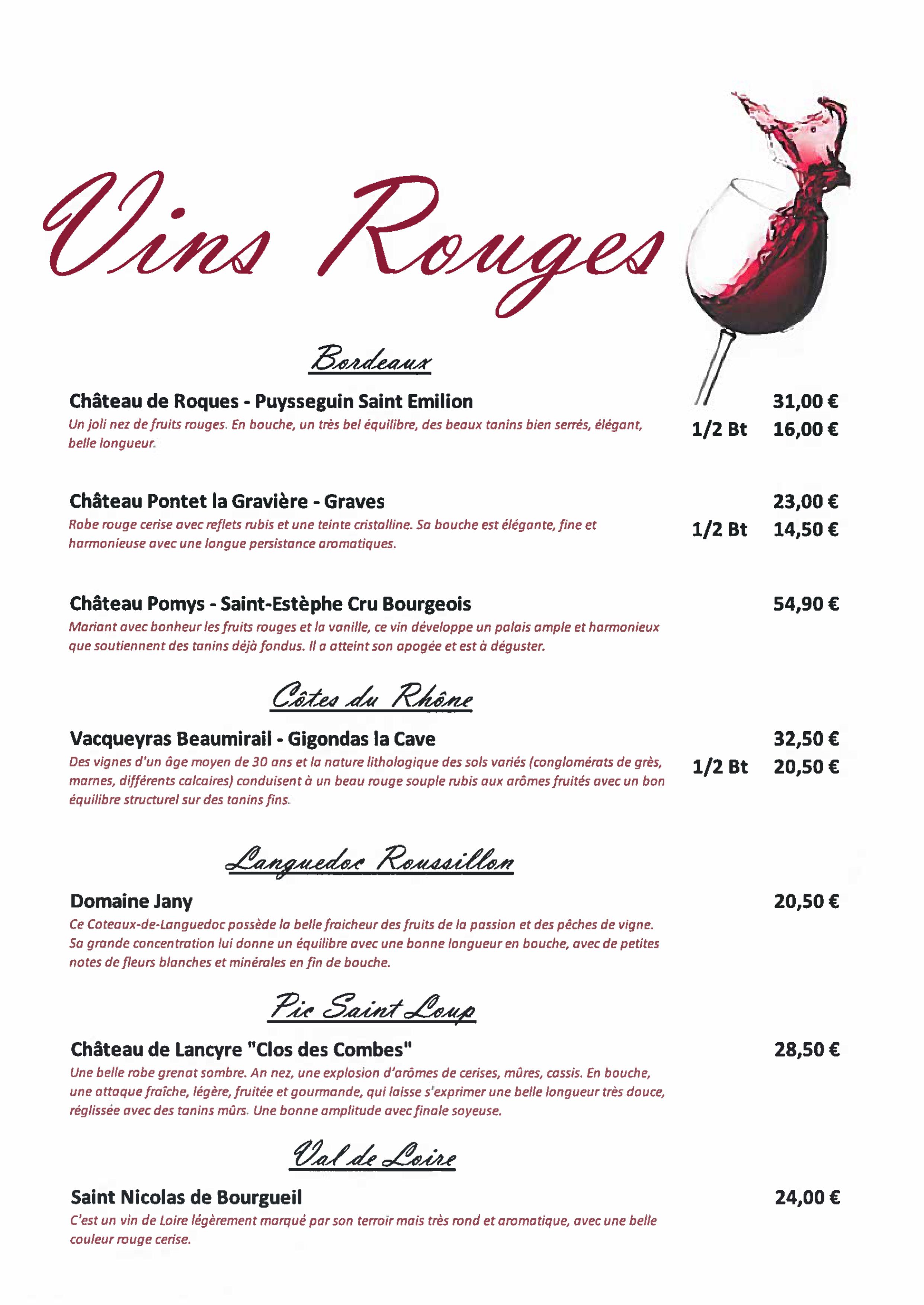 Cartes des vins domaine de malchamps restaurant